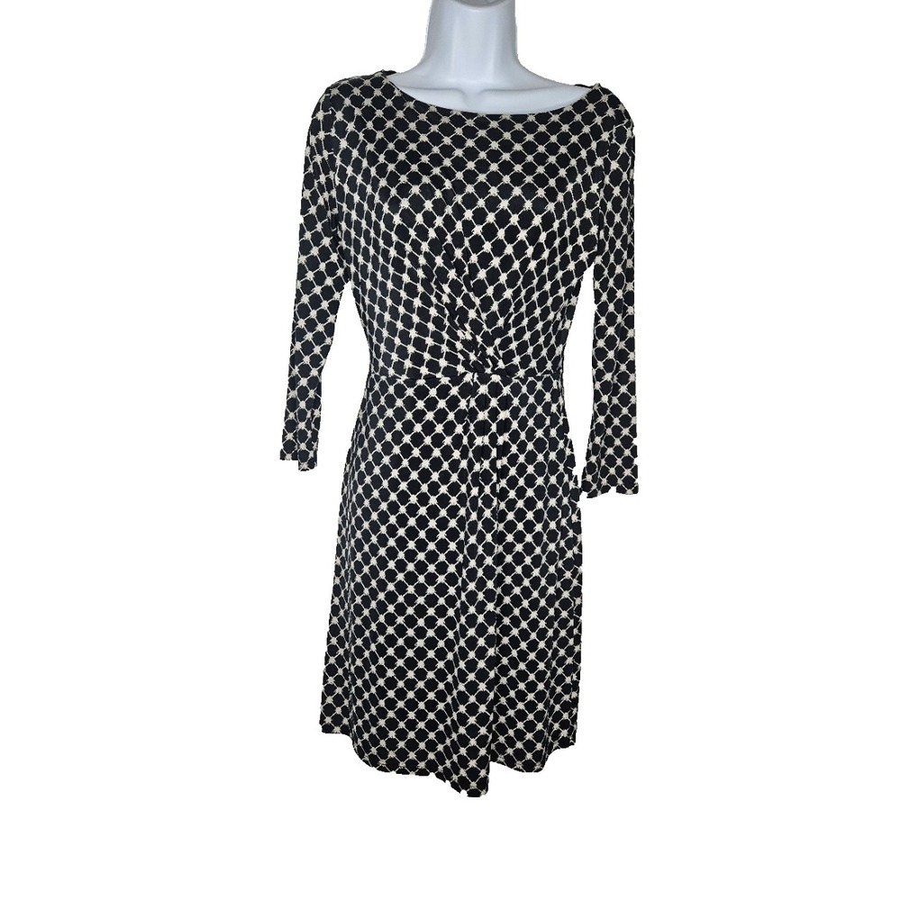Gilli USA Womens Black White Geometric Twist Front Fit Flare Dress 3/4 Sleeve
